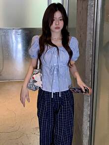Women's Striped Short Sleeve Bow Square Neck Blouse Summer - Blue - View 4