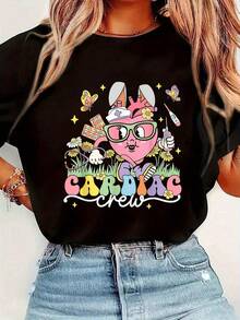 Camiseta de Enfermera Cardíaca con Conejito de Pascua, Blusa casual de manga cortara mujer parrimavera y verano, Camisetas gráficas para mujer - Negro - Ver 2