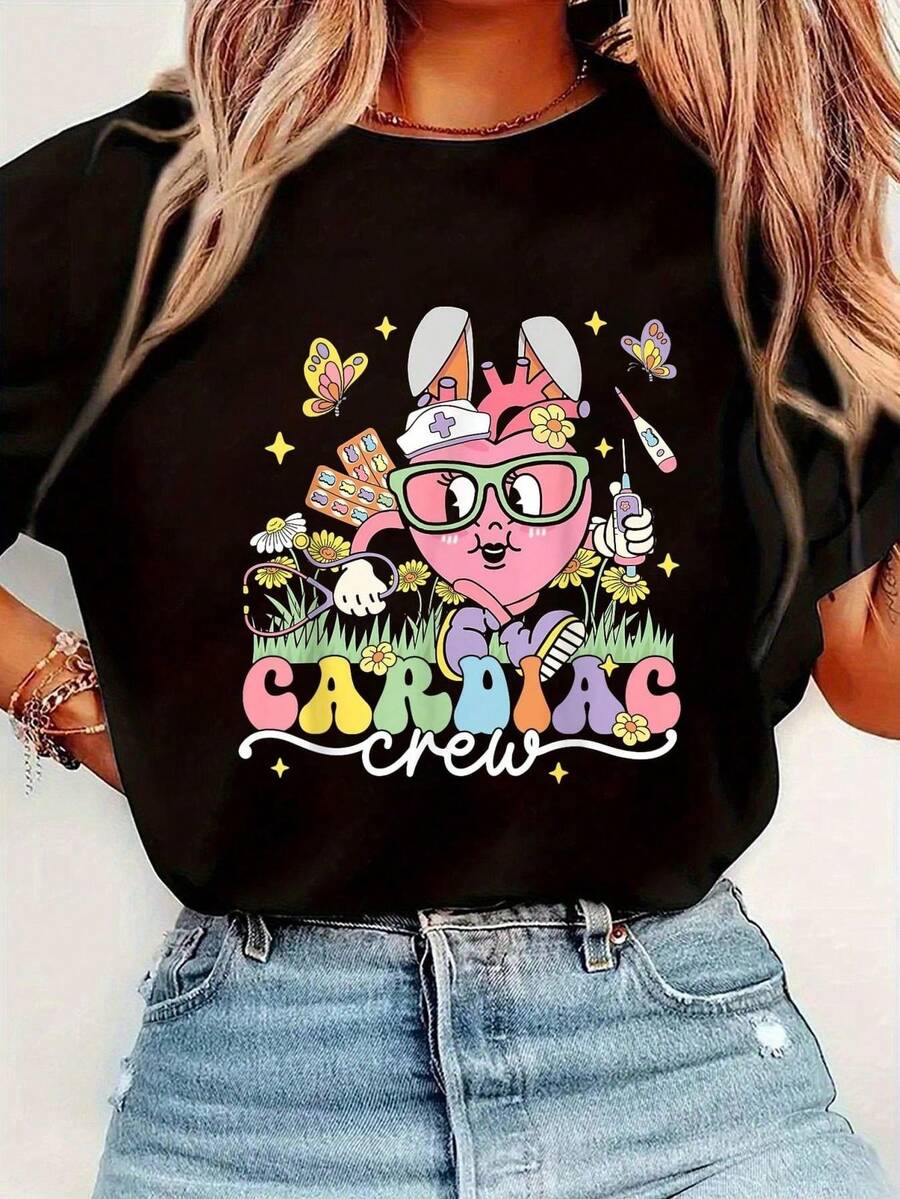 Camiseta de Enfermera Cardíaca con Conejito de Pascua, Blusa casual de manga cortara mujer parrimavera y verano, Camisetas gráficas para mujer