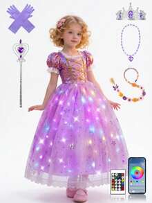Girls' Princess Dress, Children's Party Dress, Synchronized With Music, Remote Control App, Suitable For Halloween Cosplay, Includes Crown, Magic Wand, Wig, Gloves, Necklace (Batteries Not Included) - Lilac Purple - View 10
