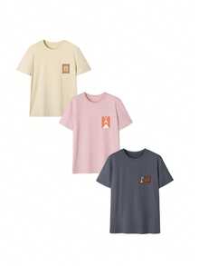 3件組純棉夏季新款極簡氣泡酒與龍蝦趣味卡通圖案印花休閒圓領短袖T恤時尚百搭女款上衣 - 深灰和粉紅色和杏色 - 查看 3