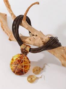 Bohemian Resin Pendant Multi-Strand Wax Rope Necklace And Earrings Set, Wedding And Daily Wear Jewelry - Brown - View 4