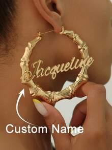 Personalized Name Bamboo Knot Earrings, Customized Earrings, Large Name Earrings, Women's Wife Name Earrings, Wedding, Engagement Gift, Elegant Bridesmaid Name Round Earrings, Stainless Steel Jewelry, Women's Earrings, Spring Jewelry, Anniversary, Birthday, Wedding Gift, Mother's Day Gift - Multicolor - View 2