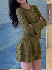 Women's Simple Elegant Comfortable Textured Ribbed Olive Green Knit Fabric Ruffle/Flounce Long Sleeve Short Double Layer Flounce Hem Jumpsuit For Office, Daily, Date, Suitable For Autumn/Winter - Olive Green - View 5