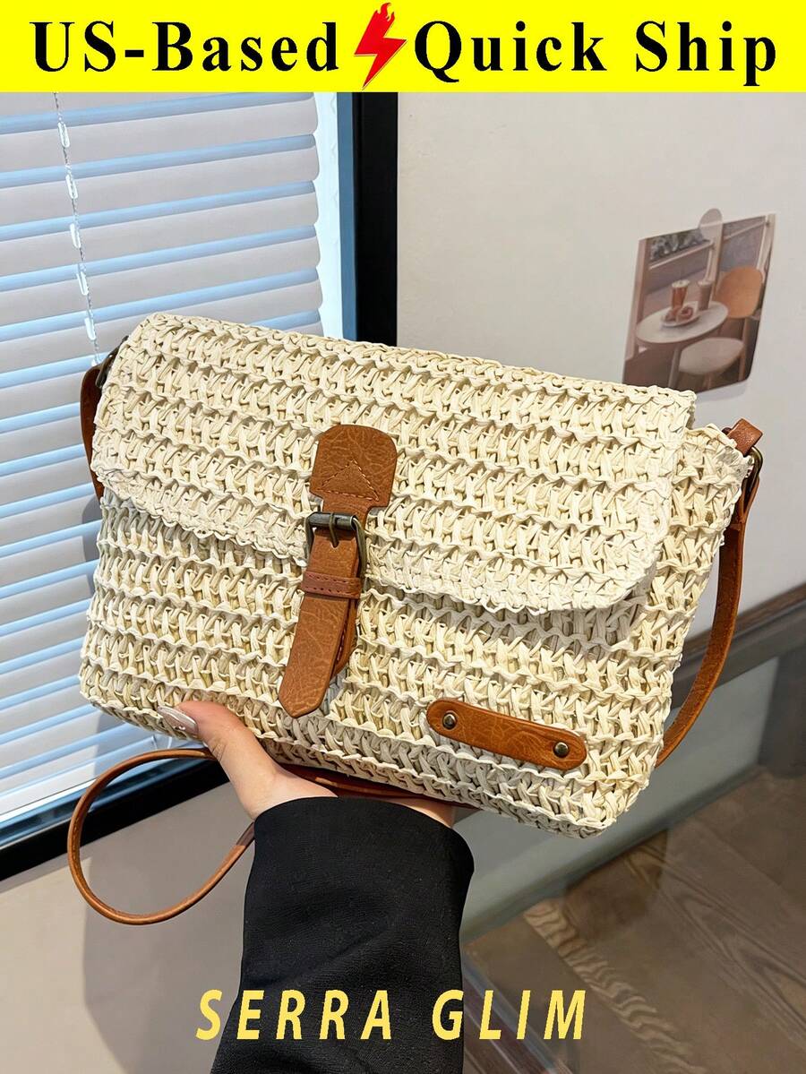 Retro-Chic Beach Tote Bag Beach Vacation Straw Crossbody Bag Summer Casual Messenger Bag Vintage Handbag Woven Bag-Perfect For Beach Trips Vacations - 米白色 - 查看 1