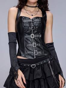 Dark Punk Style Corset Camisole With Multi-Button Front Zipper + Back Lace-Up Design, Suitable For Daily / Party / Halloween Outfits - Black - View 9