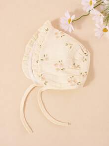 1PC Baby Muslin Bonnet, Skin-Friendly Soft Ruffle Floral Newborn Hat, Adjustable Tie Breathable Sun Protection For 0-18M Toddlers - 1PC - View 9