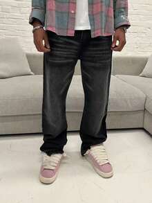 Quần jeans ống rộng nam không co giãn màu đen wash, phong cách streetwear thường ngày, hiệu ứng râu mèo, gấu raw, denim Y2K - màu đen - Xem 2