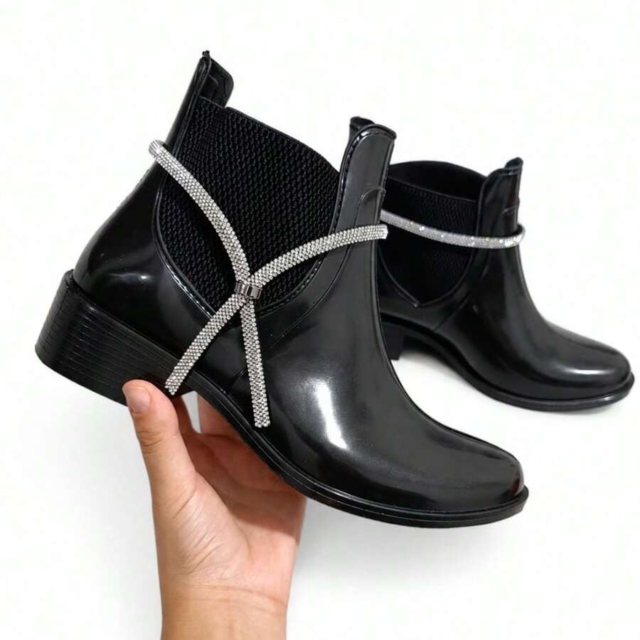 Women's Short-Shaft Rain Boot For Cold And Rain, Autumn/Winter Collection, New Release. - Black Rhinestones - View 1