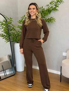 WOMEN'S SET OF PANTS AND LONG SLEEVE SWEATSHIRT, COMFORTABLE AND STYLISH - Rust Brown - View 2
