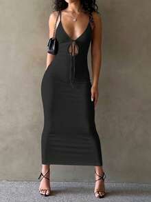 LovelyWholesale Women's Sexy Deep V-Neck Hollow Lace-Up Bodycon Maxi Summer Dress Elegant - Black - View 3