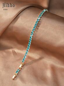 Hihho 1pc Copper Zirconia Stone Decorated Classic Tennis Chain Bracelet, Multiple Sizes Lake Blue Zirconia Inlaid Design Bracelet Available, Simple Versatile Design, Suitable For Women, Suitable For Daily, Bar, Travel Accessories - Lake Blue - View 14