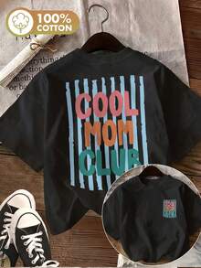 1 Pcs Casual Soft 100% Cotton Black Oversized Tee, Retro Pastel Stripes Cool Mom Club Text Pattern, Women's Back To School Spring Outfit - 黑色 - 查看 1