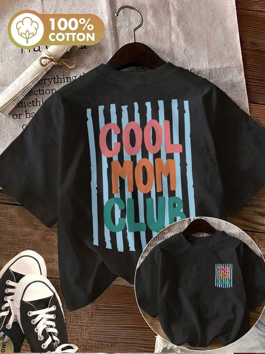 1 Pcs Casual Soft 100% Cotton Black Oversized Tee, Retro Pastel Stripes Cool Mom Club Text Pattern, Women's Back To School Spring Outfit - 黑色 - 查看 1