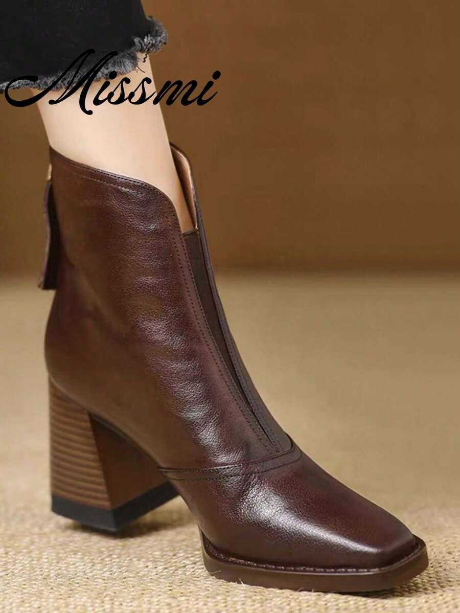 British Retro High Heel Ankle Boots For Women, Square Toe Chunky Heel Versatile Boots, Fall, Winter, Autumn, Autumn/Winter,Elegant