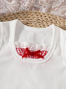 2pcs/Set Girls Sweet Bow Sleeveless Tank Top And Red Plaid Tulle Cake Skirt Summer Outfit - White - View 5
