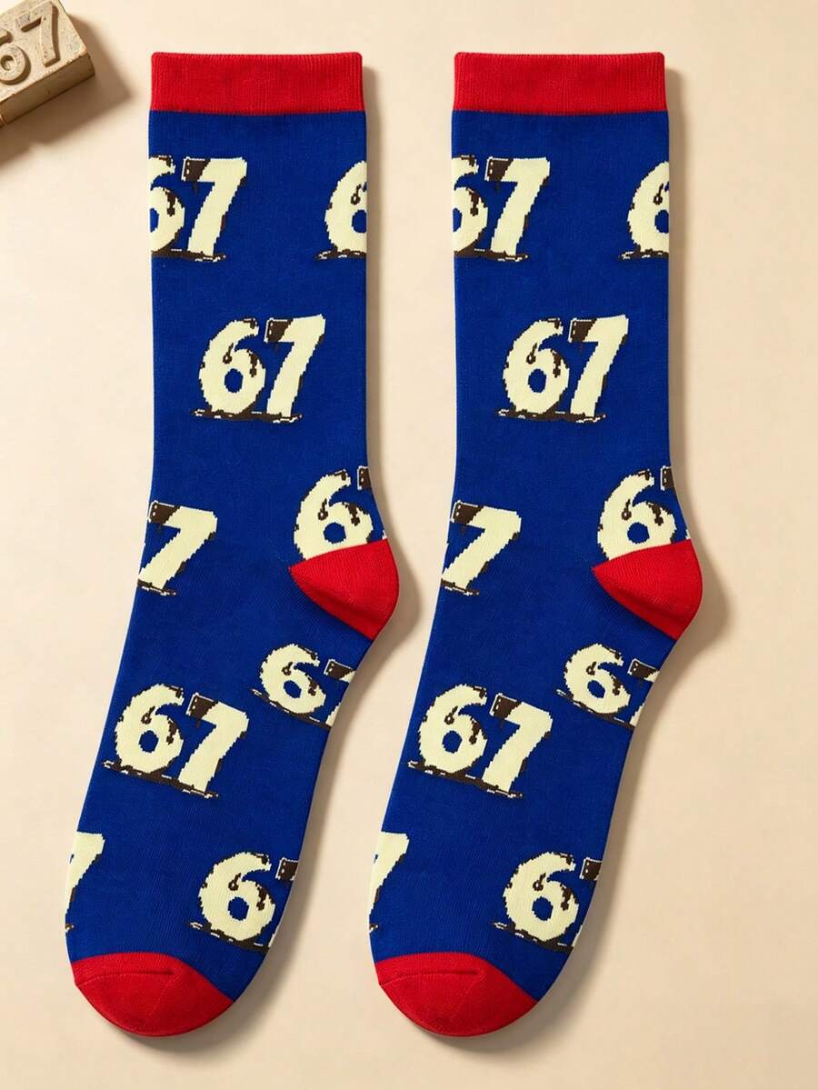 1 paire de chaussettes crew pour hommes avec poignet contrasté numéro 67, port décontracté printemps-été, design rétro usé avec chiffres, cadeau pour la fête des pères - Multicolore - Voir 1
