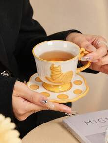 DearDali 2件組 (1杯+1碟) 230ml復古奶油黃波點釉下貓咪陶瓷咖啡杯碟組，3D橘貓設計，適用微波爐、洗碗機，居家下午茶咖啡杯，適合早餐茶、辦公室下午茶、桌面裝飾、咖啡廳飲品盛裝、禮品或開學季 - 彩色 - 查看 8