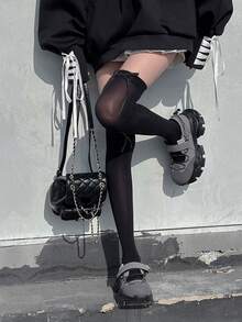 STAR RIVER 1 Pair Bow Lace Tie Over-Knee High Socks, Women's JK Sweet Lolita Lace-Up Long Tube Socks, Simple Versatile Y2K , Back To School - Multicolor - View 12