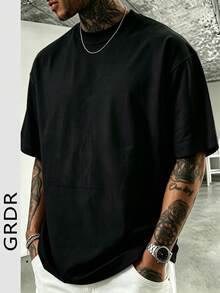 GRDR加大码男士夏季休闲圆领短袖T恤，舒适透气，引领时尚潮流 - 黑色 - 查看 3
