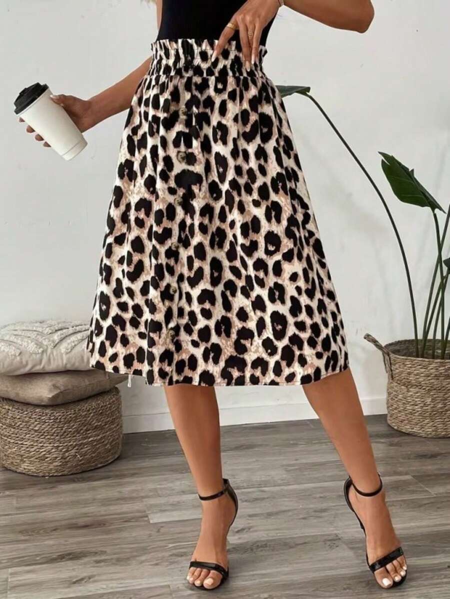 Leopard Print Sleeveless Round Neck Elegant Dress For Women, Spring/Summer - Black - View 1