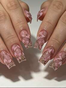 24PCS Medium Water Pipe Fake Nails, Pink Base, Glossy Finish, Natural Brightening, Floral & Plant Design, Gold Foil & Gold Foil Stamping, Complex Craftsmanship, 3D Gold Steel Ball & Rhinestone Decor, High-End Luxury Style, Perfect Gift Choice For Women And Girls, Suitable For Daily Life And Party Use, Applicable For Nail Salons And DIY Nail Art, Can Be Used As Press-On Nails Or Nail Supplies, Removable And Reusable Nail Set - Multicolor - View 2