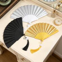 Glitter Gold Folding Hand Fan With Tassel Pendant, Solid Yellow Shiny Fabric Hand Fan For Party Costume Qipao Photoshoot Decor - Gold Powder Flat Panel Fan - View 3