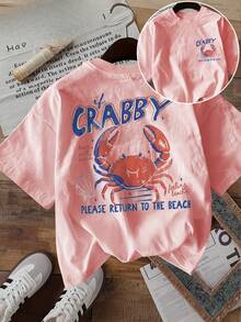 Unisex Plus Size T-Shirt With Anchor And Crab Wave Print On Both Sides, Round Neck, 180g Cotton, Beach Style, Summer Casual - 粉色 - 查看 1
