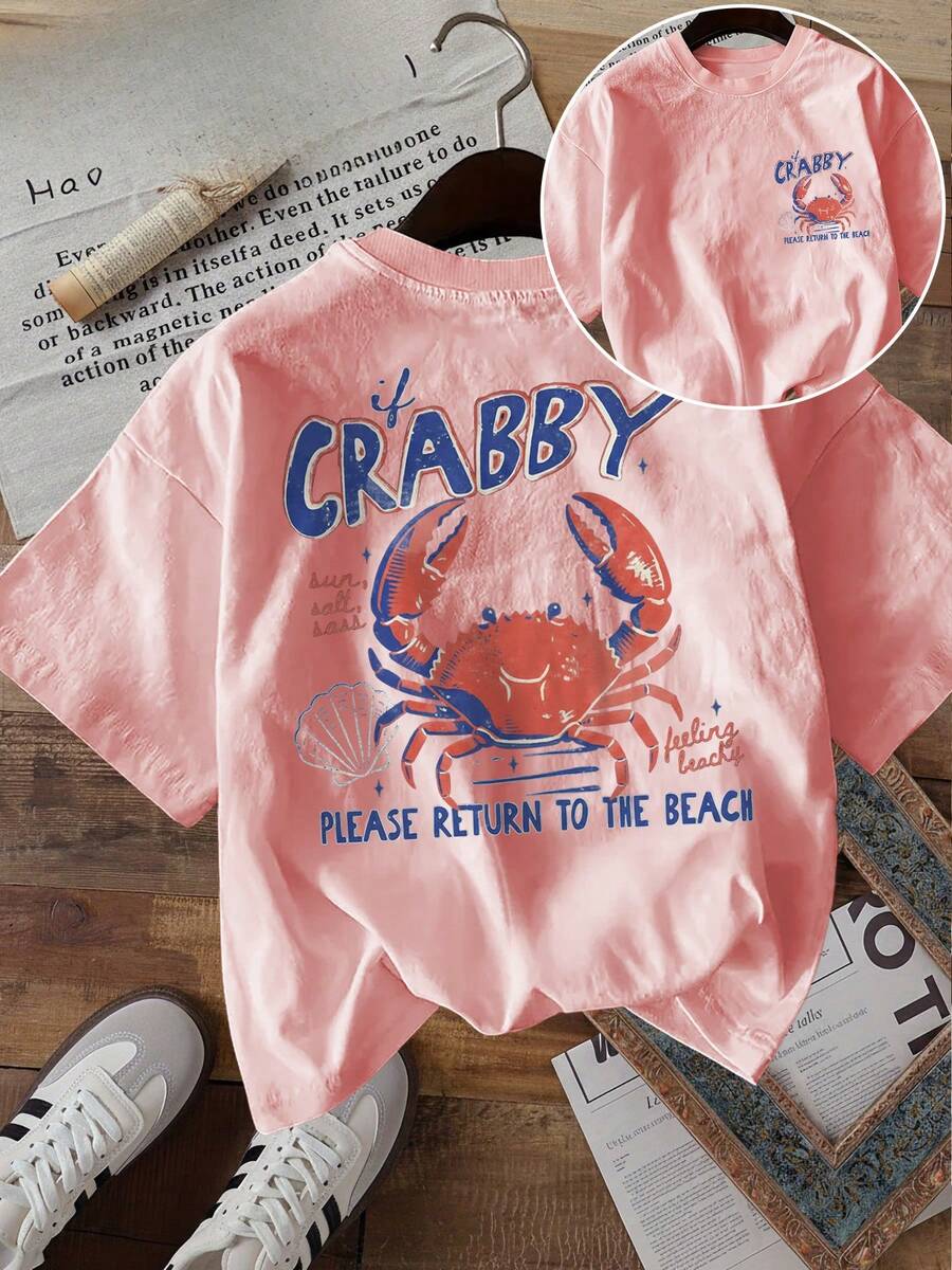 Unisex Plus Size T-Shirt With Anchor And Crab Wave Print On Both Sides, Round Neck, 180g Cotton, Beach Style, Summer Casual - 粉色 - 查看 1