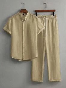 JINYA 男士夏季休閒襯衫與長褲海灘套裝，地中海度假風，極簡、成熟、居家、辦公、戶外、城市、標準版型、年輕、簡約、校園、復古、百搭、質感、優雅、個性化、運動風 - 駝色 - 查看 3
