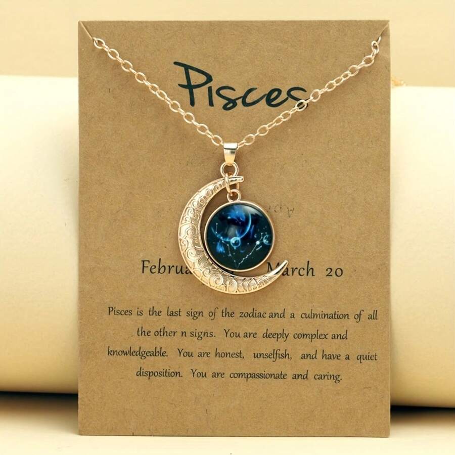 1 Retro Zodiac Moon Pendant Necklace That Glows In The Dark - Vintage Style, Zinc Alloy With Details, Adjustable Chain For Women - Ideal For Everyday Wear And Gifts - 金色雙魚座 - 查看 1