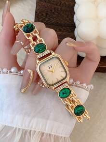 1 pieza Reloj de pulsera para mujer Dorado/Verde, estilo minimalista nuevo con esfera pequeña, elegante y versátil, reloj de cuarzo, adecuado para uso diario/fiestas - Dorado - Ver 3