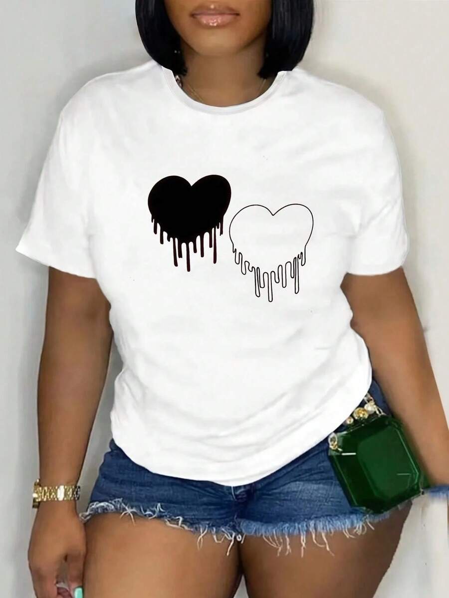 Camiseta blanca de mujer de talla grande con gráfico de corazón negro - Blusa casual de punto de cuello redondo de manga corta, blusas de talla grande para mujer con estampado gráfico de man
