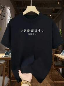 TM463 Camiseta de Manga Corta para Hombre 100% Algodón con Estampado Minimalista de Luna, Cómoda y Transpirable para Relajarse, Confección de Alta Calidad con Triple Costura - Negro - Ver 1