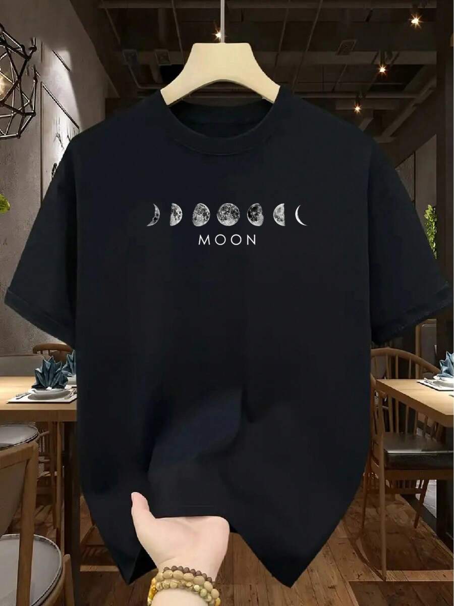 TM463 Camiseta de Manga Corta para Hombre 100% Algodón con Estampado Minimalista de Luna, Cómoda y Transpirable para Relajarse, Confección de Alta Calidad con Triple Costura - Negro - Ver 1