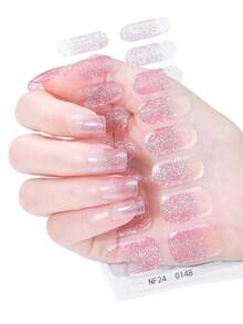 16 piezas de tiras de gel semi-curadas con purpurina, pegatinas de uñas de gel autoadhesivas con degradado rosa dulce, calidad de salón, fáciles de aplicar, perfectas para citas de vacaciones de mujeres, arte de uñas DIY - Rosa - Ver 3