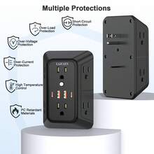 三面式突波保護插座延長器 – 6 個 AC 插孔 + 4 個 USB 接口 (2 個 USB C)，家用、旅行、辦公室牆壁充電電源條 - 查看 8