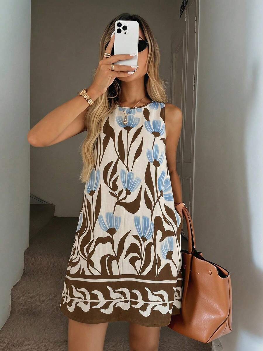 Vestido informal de lino sin mangas con corte evasé y bolsillos acolchados, conjunto elegante de vacaciones con estilo "Old Money" para mujer - Multicolor - Ver 1