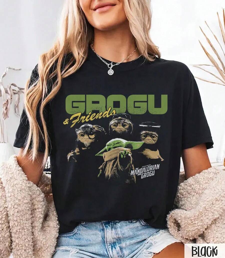 And Grogu Anzellan Friends Retro T-Shirt - Black - View 1