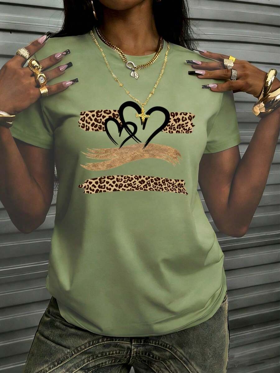 Men's Fashion Explosion Short Sleeves. Casual Summer T-Shirt For Women With Vintage Leopard Print And Heart Design, Round Neck, Short Sleeves, For Everyday Wear. - 橄欖綠 - 查看 1