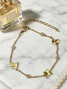 18K,Gold Textured Butterfly Charm Bracelet Round Bezel Zirconia Inlay Adjustable Extension Chain Women Dainty Jewelry - Butterfly Bracelet - View 3