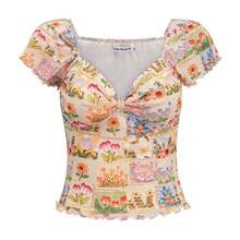 Top de manga corta con cuello floral pequeño estilo pintura al óleo retro, nuevo estilo de verano, puro y seductor, impresionante camisa de chica moderna con borde de malla. - Color de la imagen - Ver 6