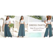 Women's Wide Leg Pants, Elastic Waist With Drawstring, Lightweight Loose Casual Trousers With Pockets - 藍色 - 查看 7