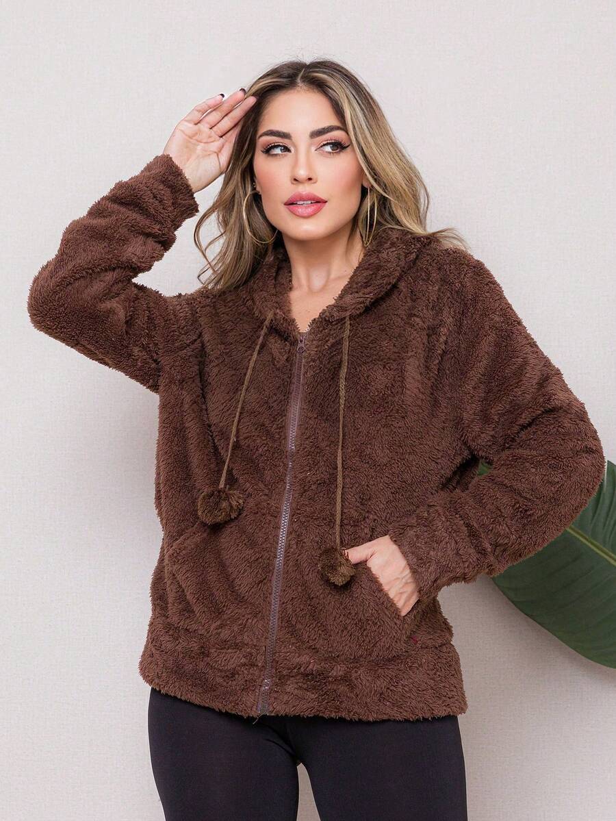 Liu Fashion Women's Plain Plush Sweatshirt, Beautiful, Winter, Autumn, With Hood. - 咖啡棕 - 查看 1