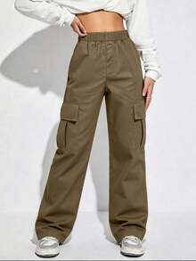 1 pieza Pantalones cargo de ajuste holgado de unicolor y de moda para niñas preadolescentes, cómodos para primavera y otoño con múltiples bolsillos - Camel - Ver 3