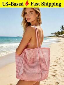 Large Mesh Beach Bag For Women Sandproof Tote Shoulder Handbag Travel Bag Makeup Bag Toiletry Bag Summer Pink Purse For Pool Travel Picnic Vacation - 彩色 - 查看 5
