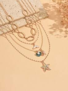 4piezas/Set Conjunto de Collar Dorado Multicapa Estilo Vacacional, Gargantilla de Moda con Colgante de Estrella de Mar, Concha y Cola de Pez con Pedrería, Joyería de Cuello Versátil para Mujer Adecuada para Uso Diario y Fiesta de Vacaciones - Multicolor - Ver 3