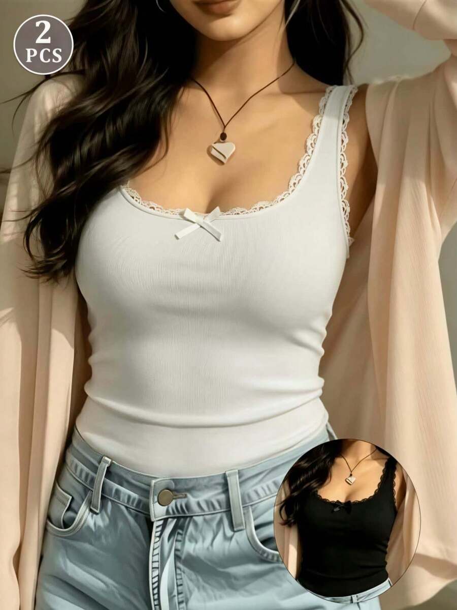 2件装蕾丝边蝴蝶结装饰加厚吊带背心，女士 - 彩色 - 查看 1