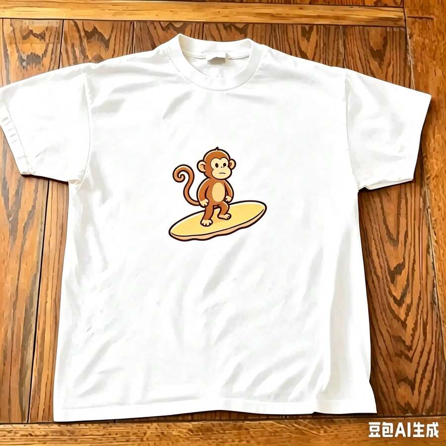 2026 Summer New Arrival [100% Cotton][Graphic Tee] Surfing Graphic T-Shirt – Tee, Cute Cartoon Monkey Shirt, Unisex Casual Streetwear Top,T-Shirt - 白色 2 - 查看 1