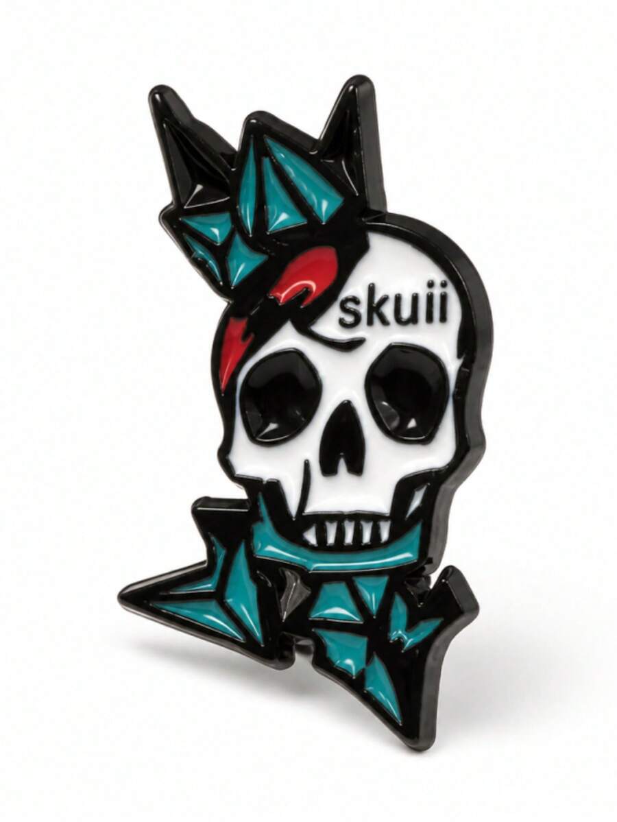 1Pc Punk Geometric Skull Enamel Lapel Pin, Skuii Letter Print Gothic Skeleton Brooch, Jacket Backpack Badge Jewelry Gift - Multicolor - View 1